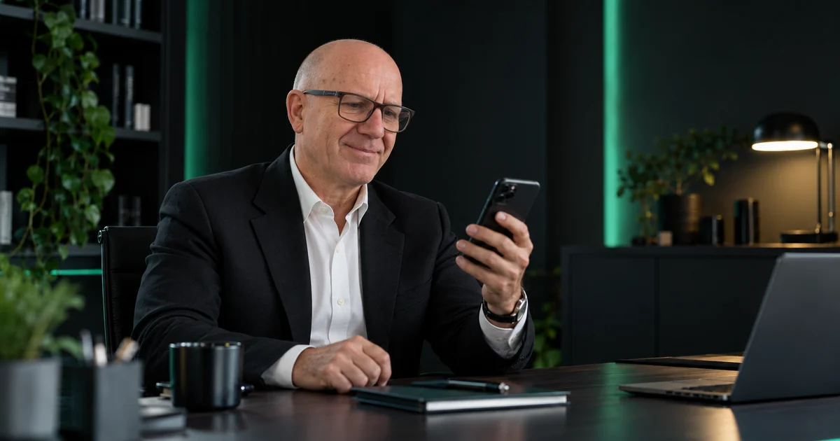 Właściciel małej firmy rozmawia z agentem AI przez telefon