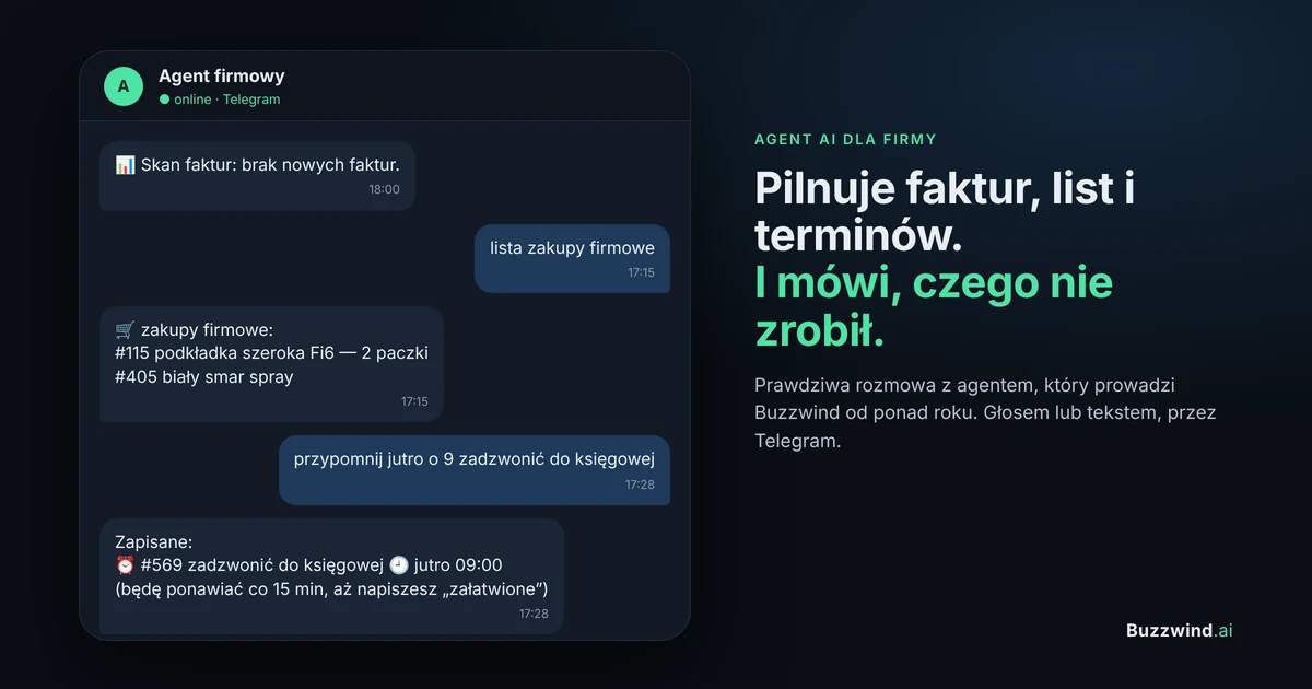 Rozmowa z agentem firmowym na Telegramie: skan faktur, lista zakupów, przypomnienie z ponawianiem